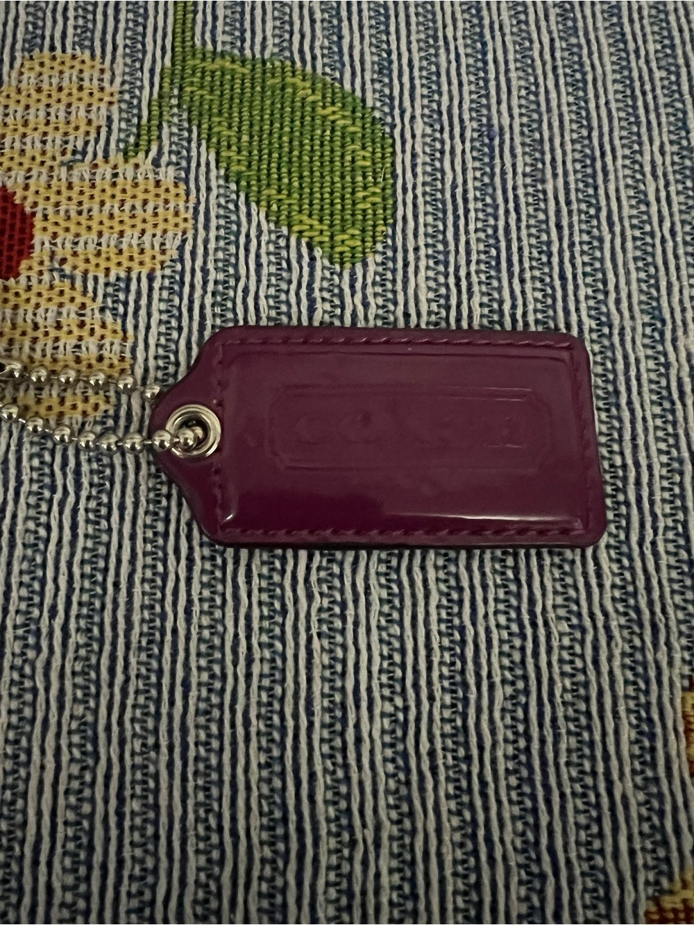 Raspberry Coach Patent Leather HangTag Keychain Silver Chain